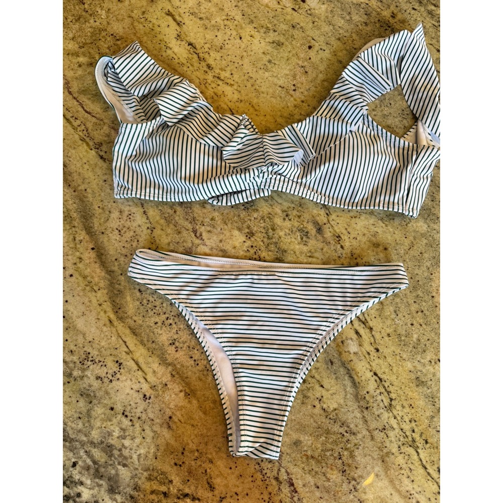 Green White Striped Ruffle Two Piece Bikini Set Swimsuit Medium